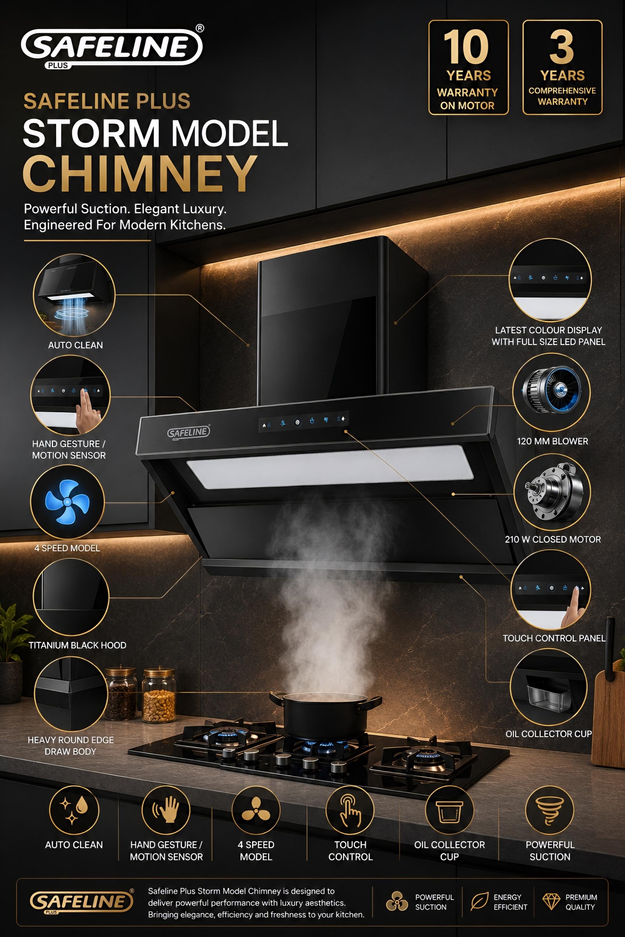 Safeline Plus octagon chimney 90cm with auto clean motion sensor 1700 suction power. 5 years warranty