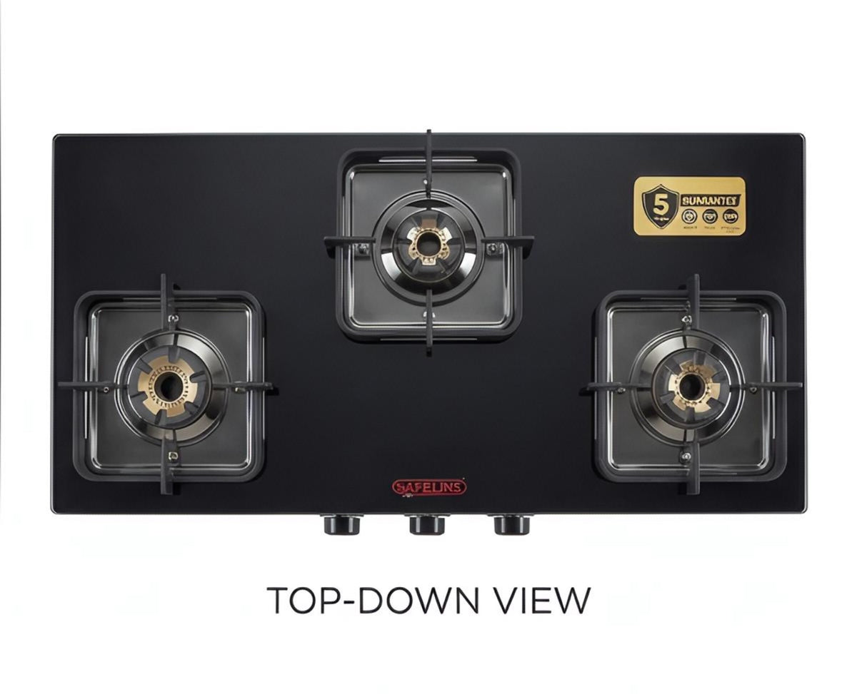 3 Burner 2mm Black Titanium Stainless steel Gas Cooktop. Premium 5G brass burners. Manual Ignition