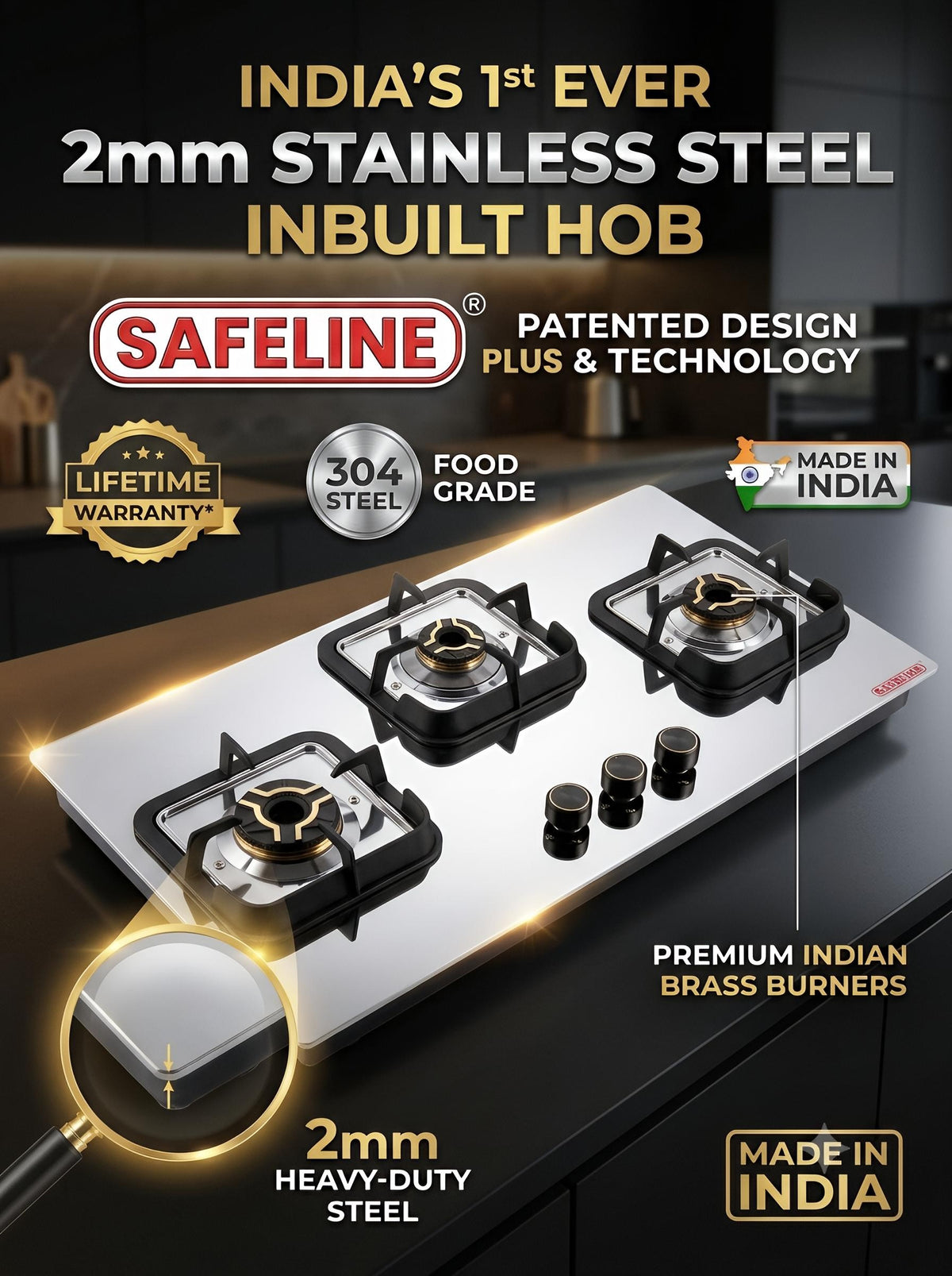 3Br ALEX series inbuilt hob auto ignition | 2mm stainless steel | 5g burners | metal knobs