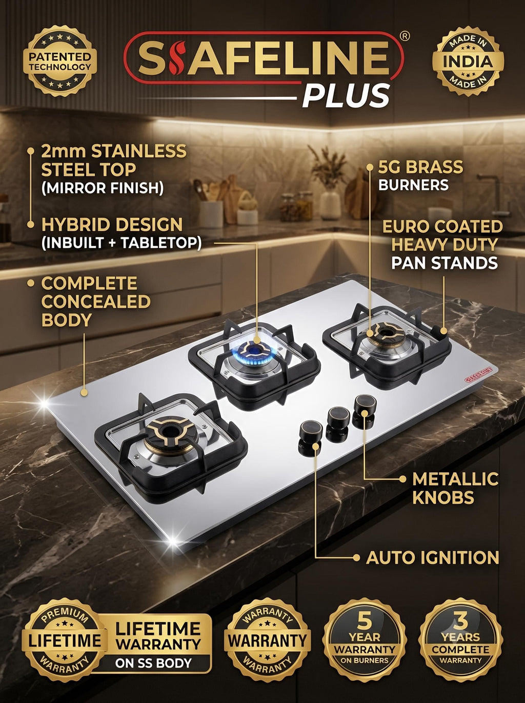 3Br ALEX series inbuilt hob auto ignition | 2mm stainless steel | 5g burners | metal knobs