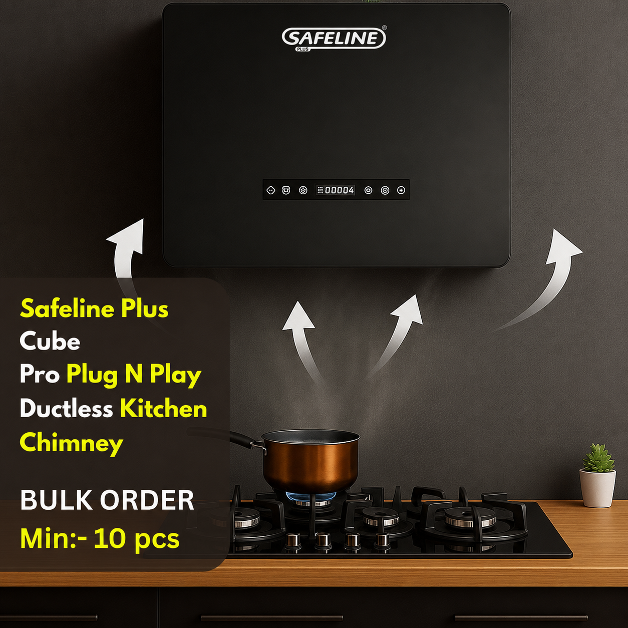 Safeline Cube Plug & Go chimney 60cm. Bldc motor. No need of core cutting. 1500cmh suction power. 5 year warranty on motor