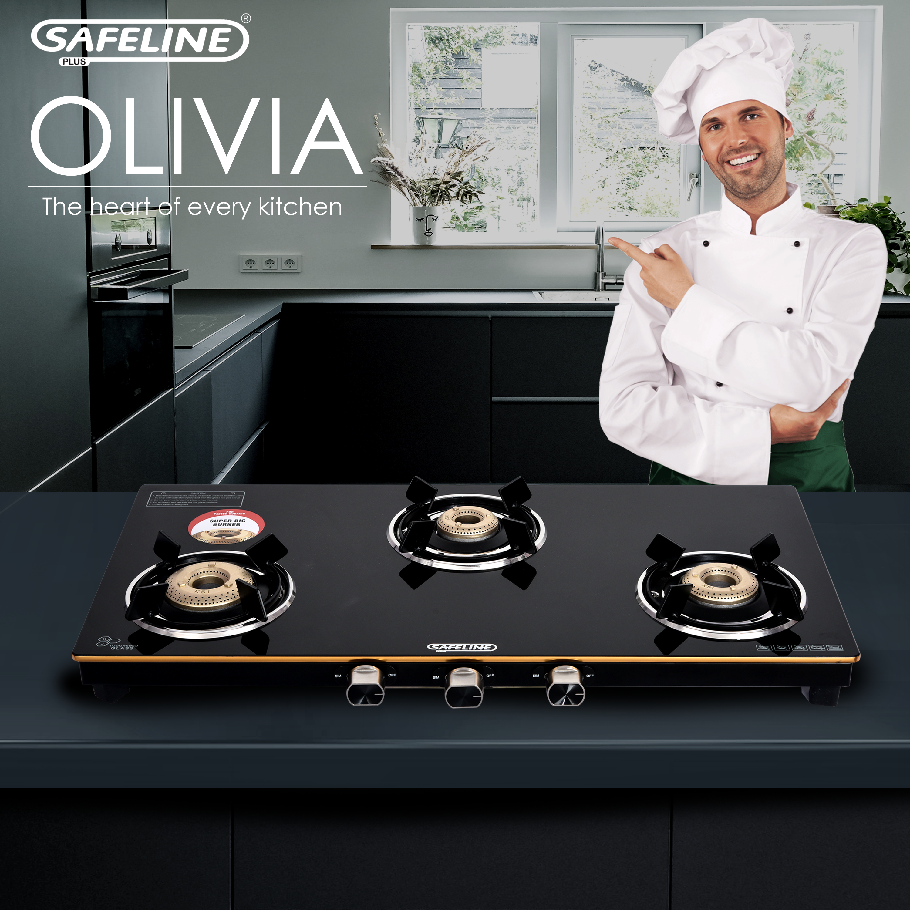 3 burner olivia series premium edge guard gas stove with 2 years warranty (manual ignition)