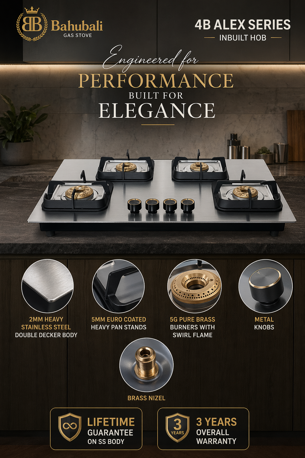Safeline Plus 4br Alex series stainless steel built in hob automatic