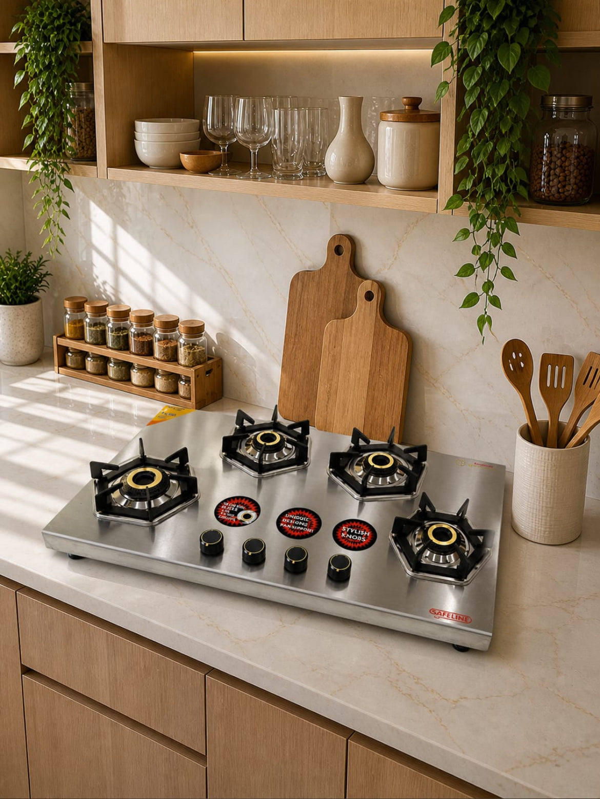 2mm stainless steel 4 burner hobtop with 5g brass burners. Auto ignition.