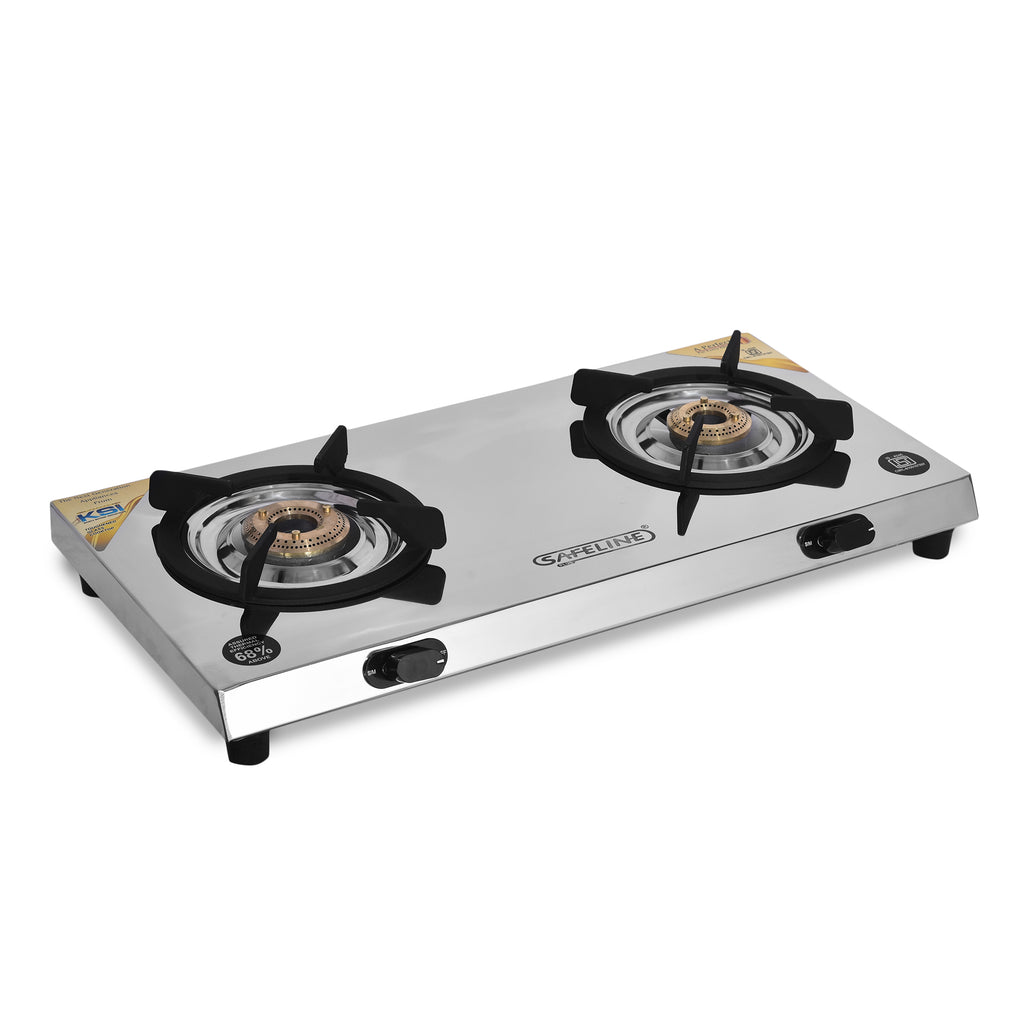 2 burner stainless steel slim design heavy body brass burner. 1 year warranty.