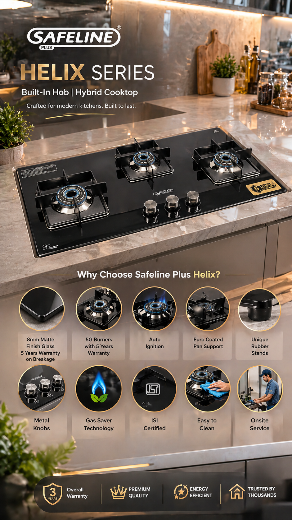 3br inbuilt hob glasstop 8mm automatic