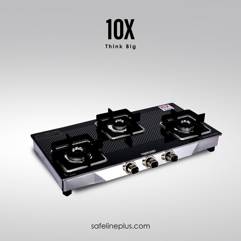 3 burner 10mm glass gas stove with metal knobs and 10 years guarantee on glass