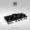 3 burner 10mm glass gas stove with metal knobs and 10 years guarantee on glass