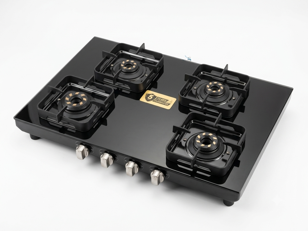 4 BURNER 2MM BLACK TITANIUM STAINLESS STEEL GAS COOKTOp. PREMIUM 5G BRASS BURNERS. MANUAL IGNITION