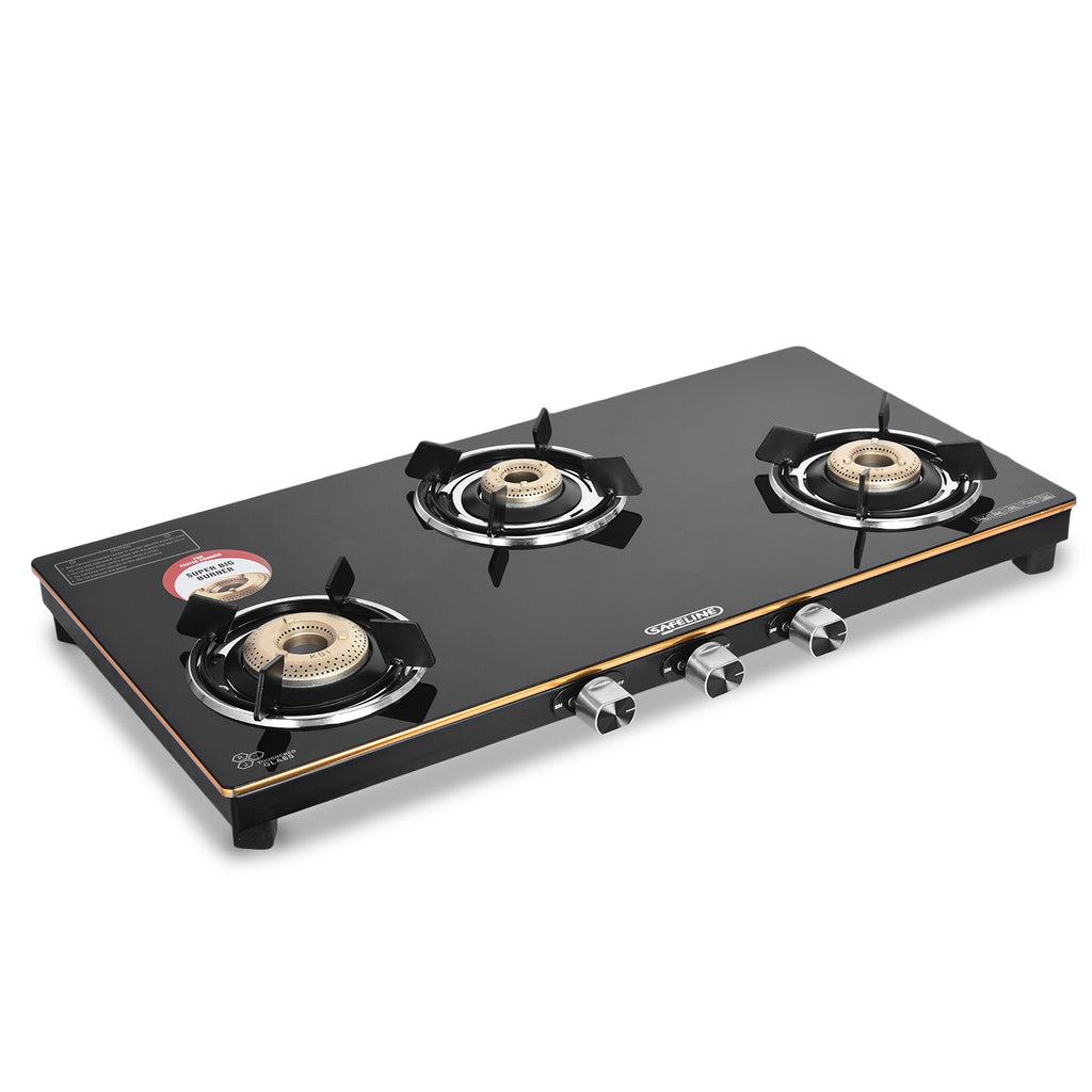 3 burner olivia series premium edge guard gas stove with 2 years warranty (manual ignition)