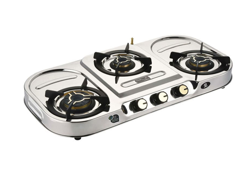 3 burner stainless steel heavy duty gas stove with 5g brass burners. 2 years onsite warranty
