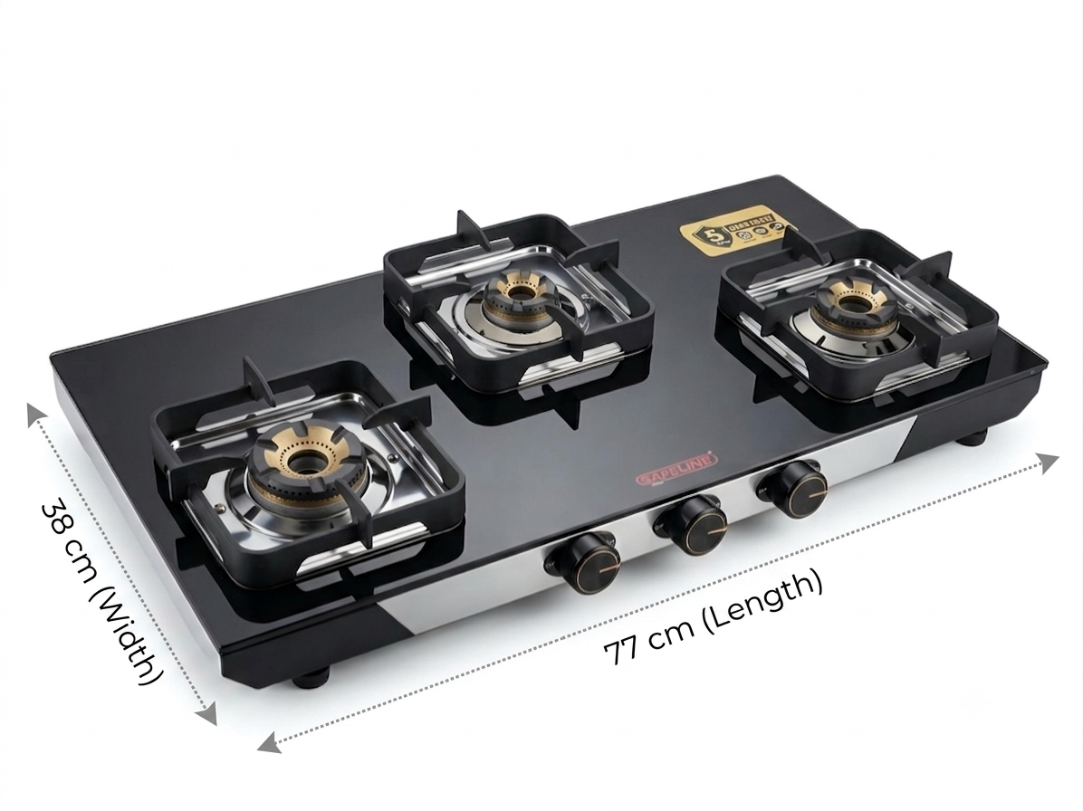 3 Burner 2mm Black Titanium Stainless steel Gas Cooktop. Premium 5G brass burners. Manual Ignition
