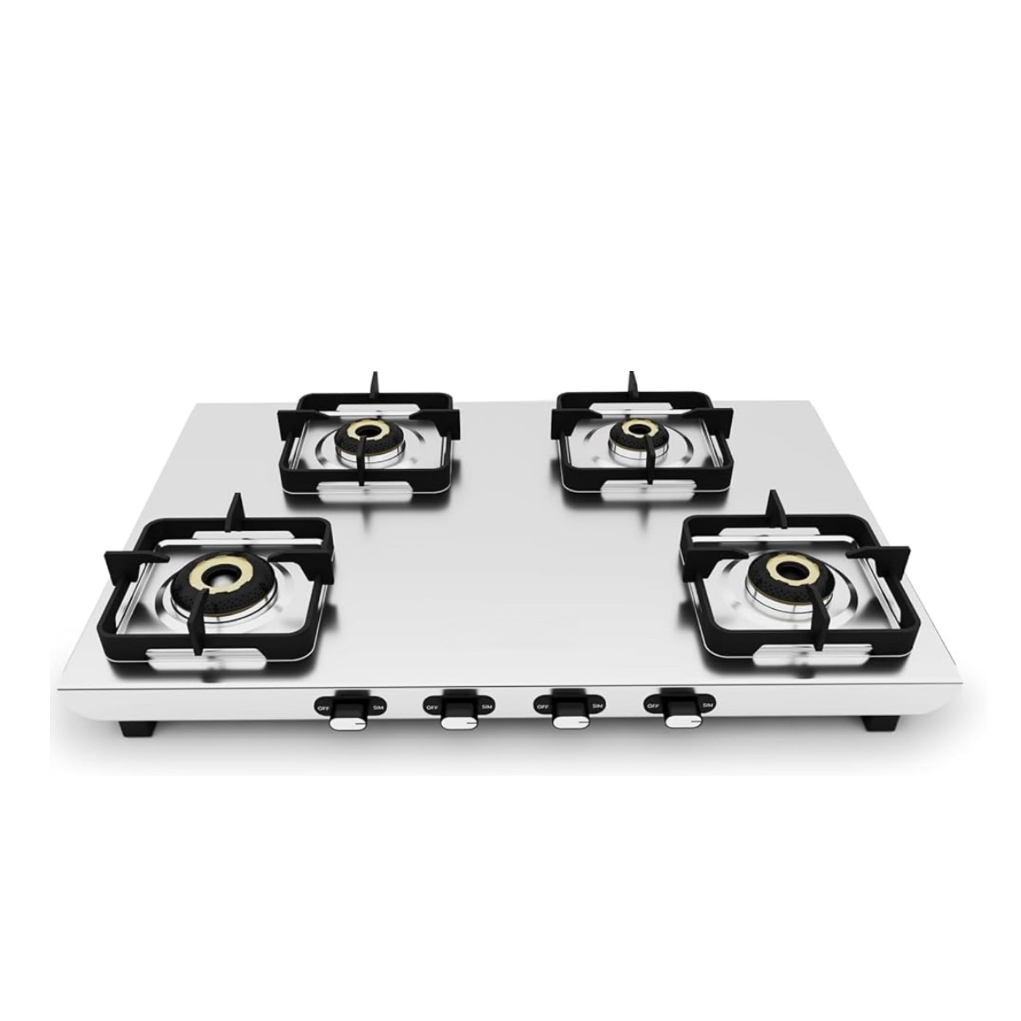 4 burner 2mm stainless steel cooktop with forged brass burners and heavy duty pan stands. 3 years overall complete warranty.