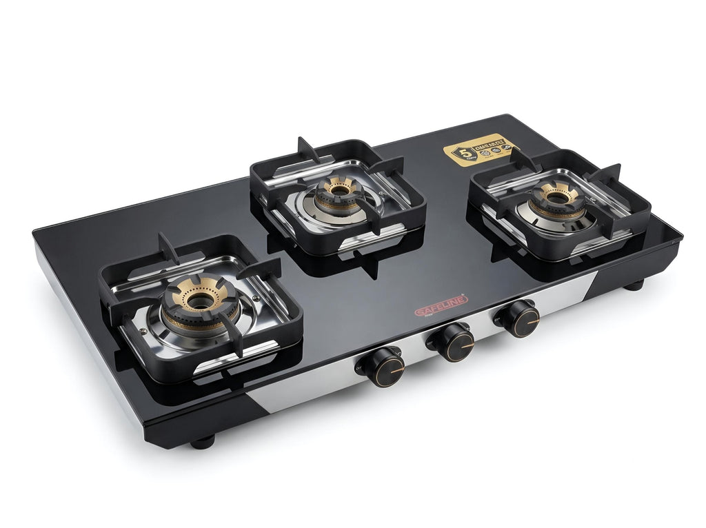 3 Burner 2mm Black Titanium Stainless steel Gas Cooktop. Premium 5G brass burners. Manual Ignition