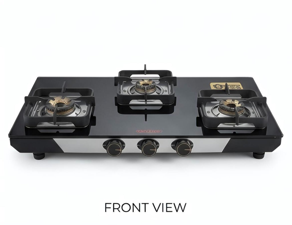 3 Burner 2mm Black Titanium Stainless steel Gas Cooktop. Premium 5G brass burners. Manual Ignition
