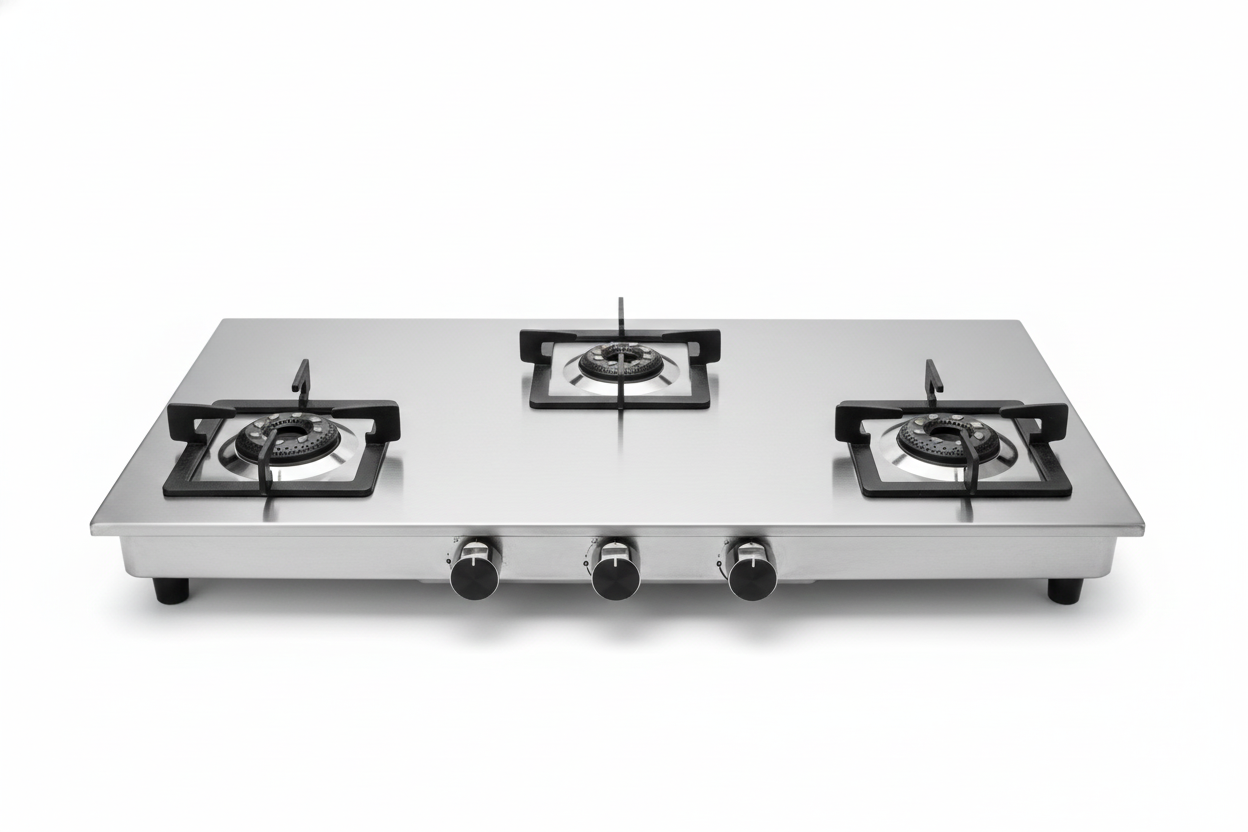 3 burner 1.2 mm stainless steel gas stove with 5g brass burners. 2 year overall warranty