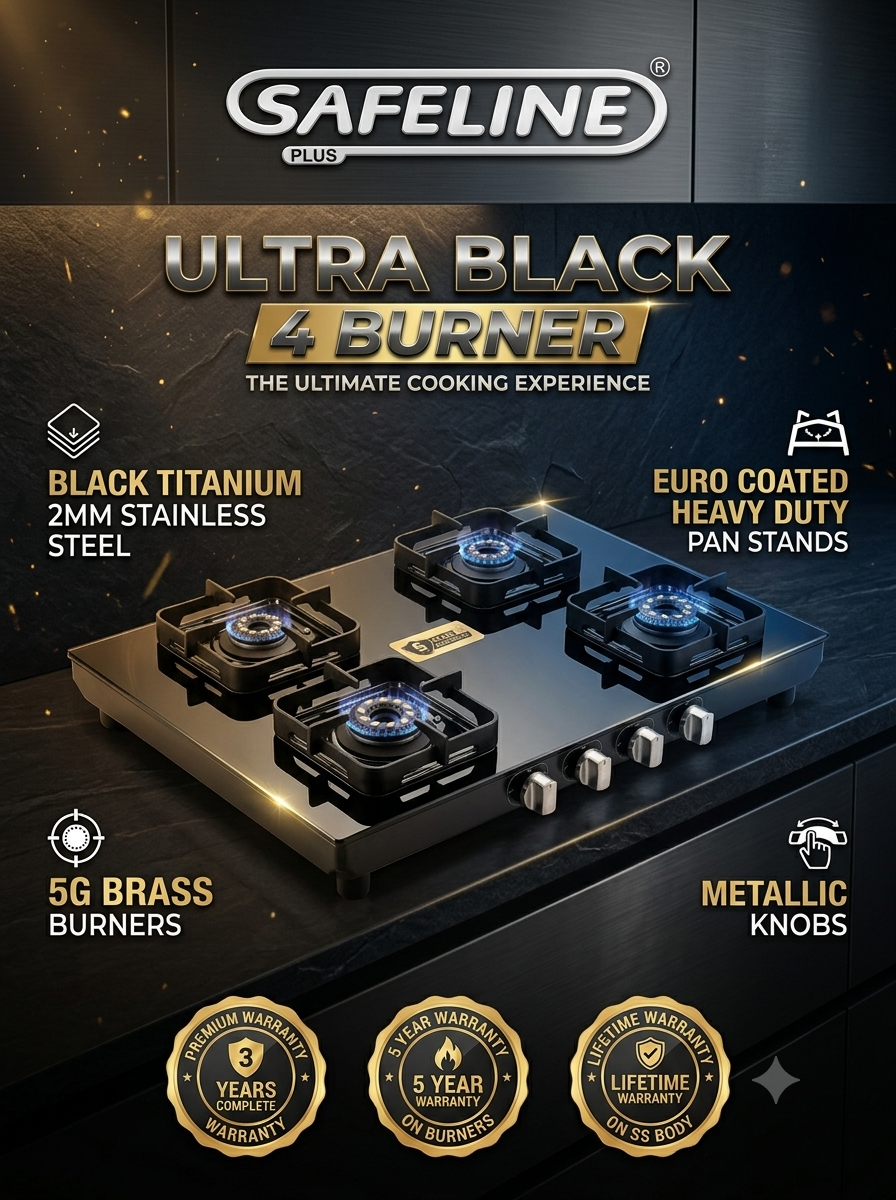 4 BURNER 2MM BLACK TITANIUM STAINLESS STEEL GAS COOKTOp. PREMIUM 5G BRASS BURNERS. MANUAL IGNITION