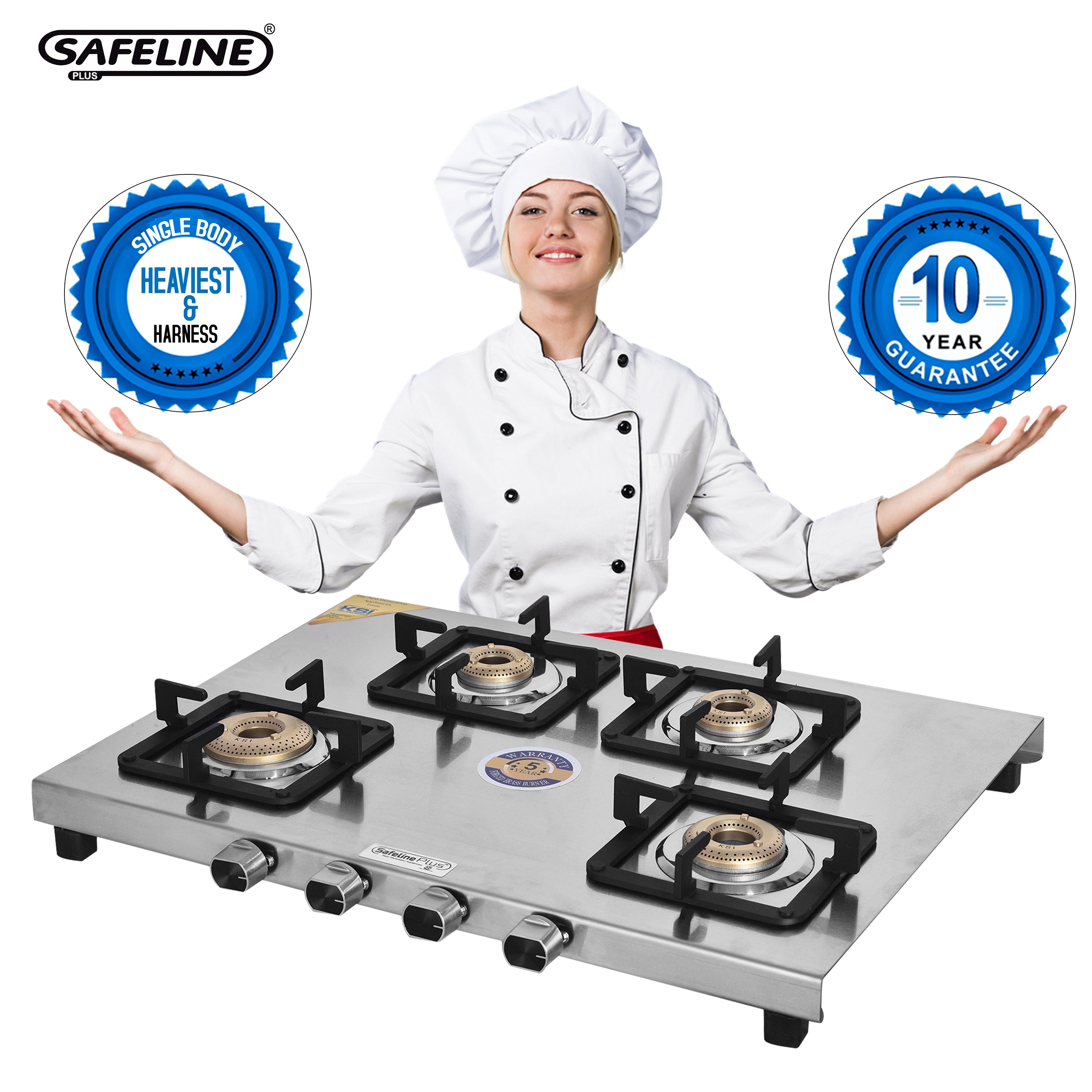 Safeline Plus 4 burner trident series 2mm stainless steel gas cooktop (lifetime warranty on body)