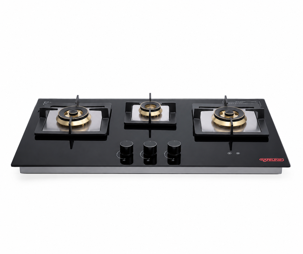 3 burner TURNE series, with timer in 1 jumbo burner +  with Flame failure device. Auto ignition inbuilt hob. 8mm glass.