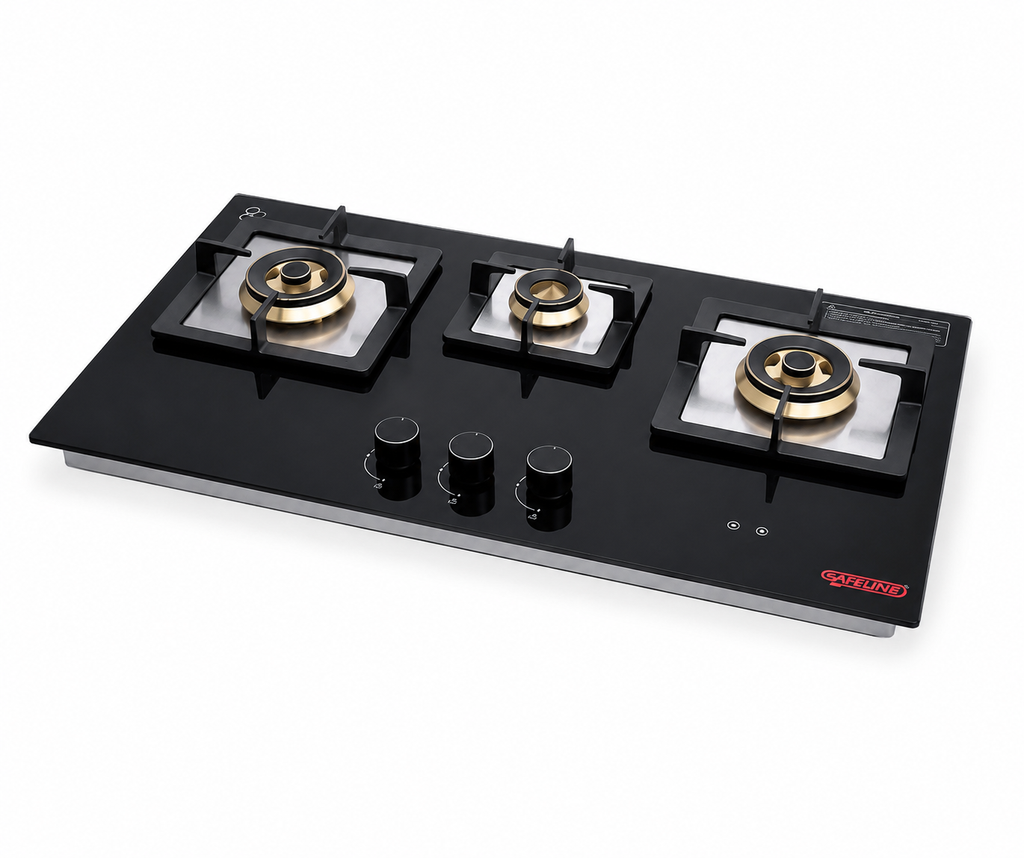 3 burner TURNE series, with timer in 1 jumbo burner +  with Flame failure device. Auto ignition inbuilt hob. 8mm glass.