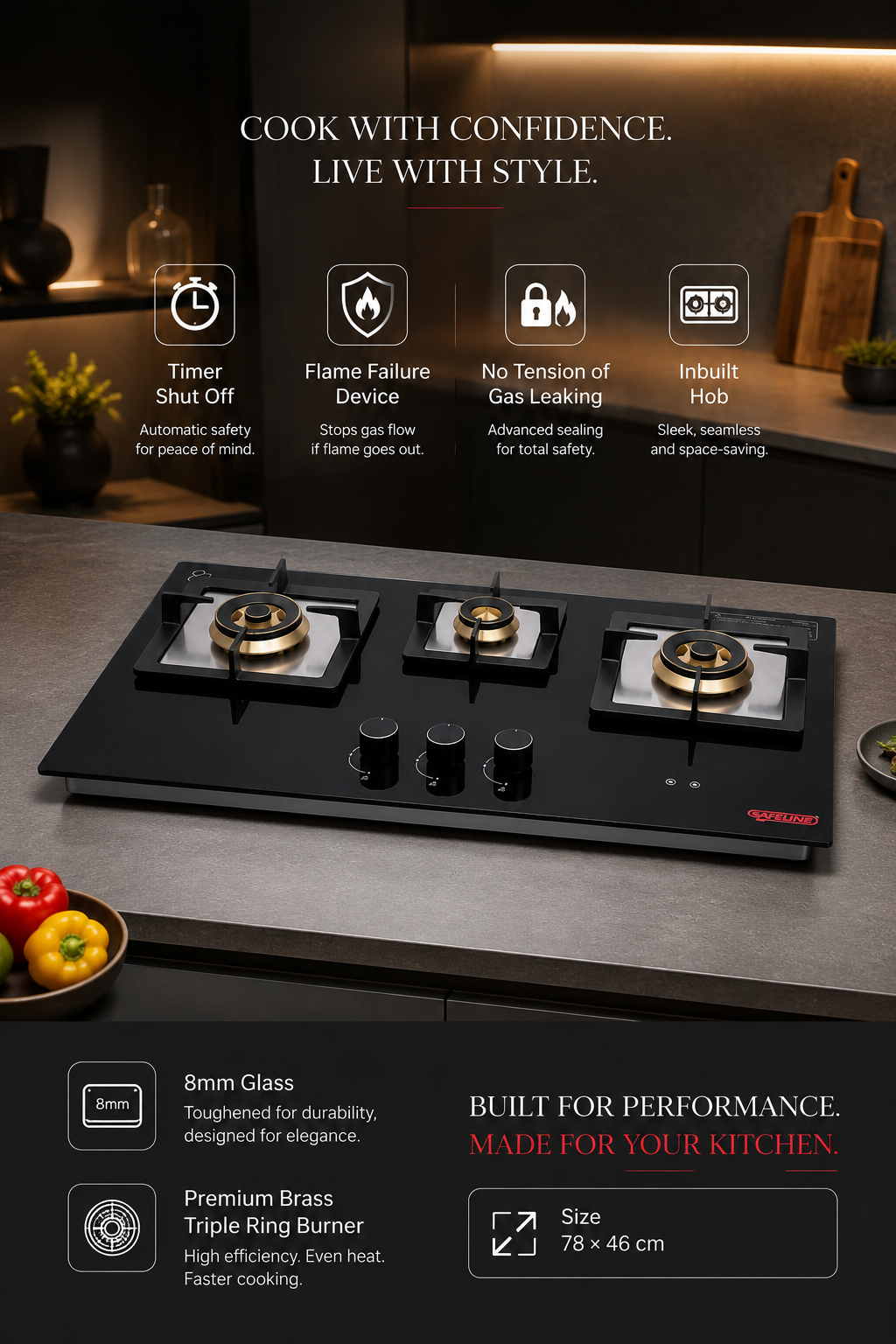 3 burner TURNE series, with timer in 1 jumbo burner +  with Flame failure device. Auto ignition inbuilt hob. 8mm glass.