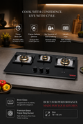 3 burner TURNE series, with timer in 1 jumbo burner +  with Flame failure device. Auto ignition inbuilt hob. 8mm glass.
