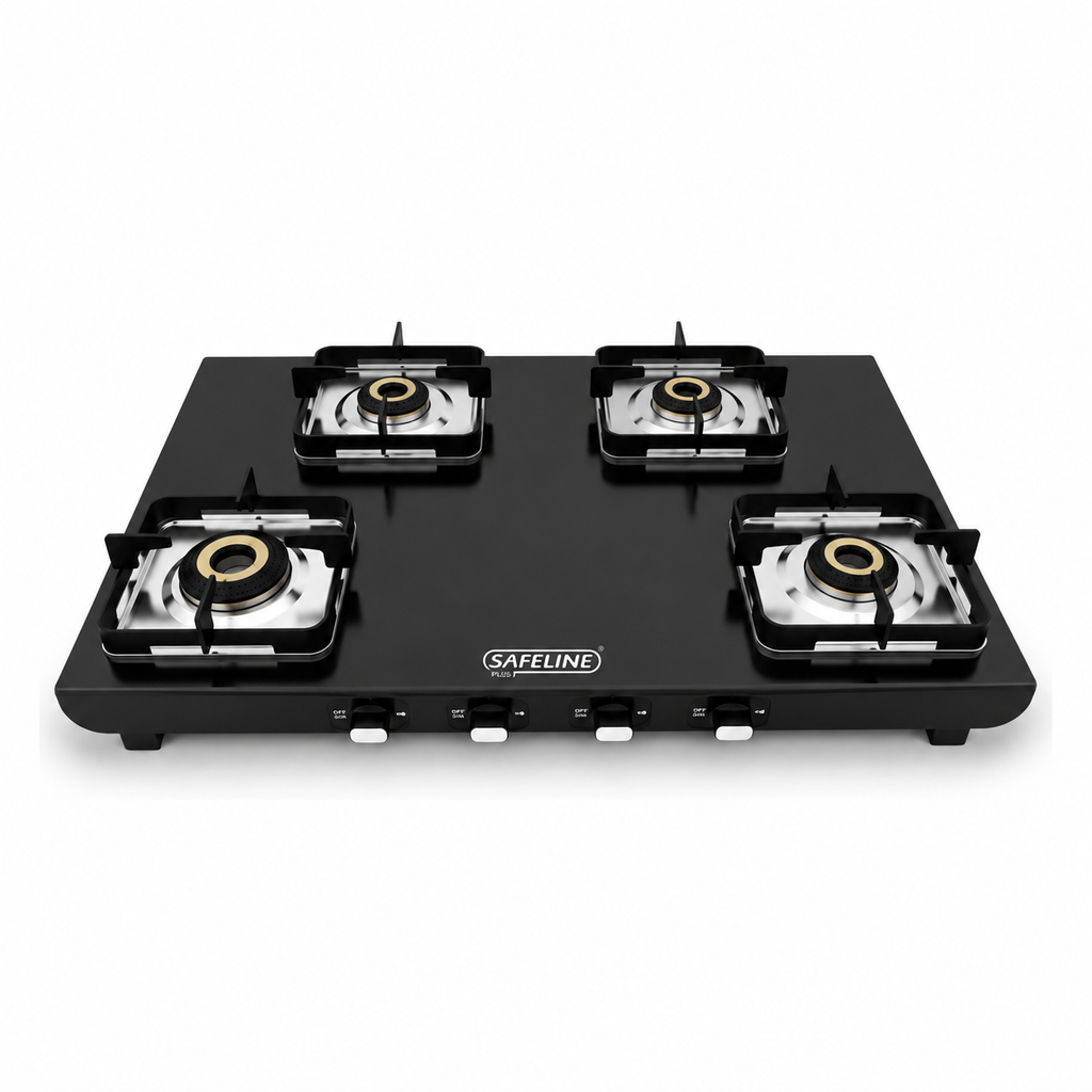 4 BURNER 2MM BLACK TITANIUM STAINLESS STEEL GAS COOKTOp. PREMIUM 5G BRASS BURNERS. MANUAL IGNITION